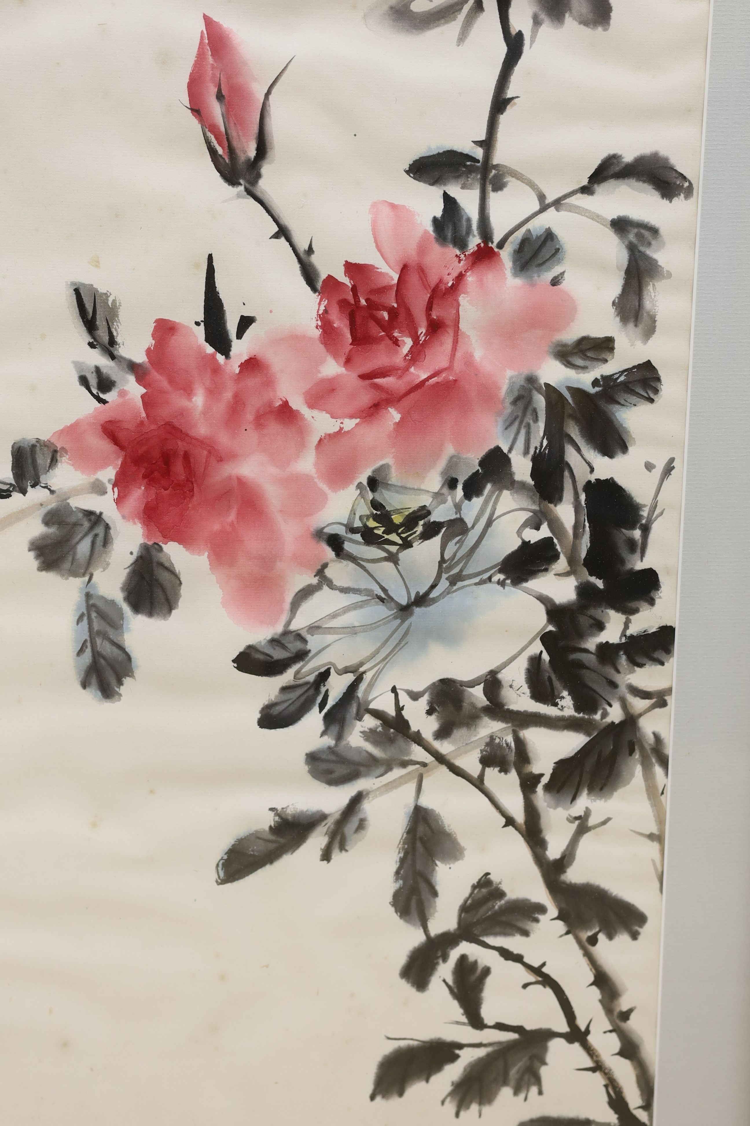 A Chinese painting on paper of peonies 67x44cm